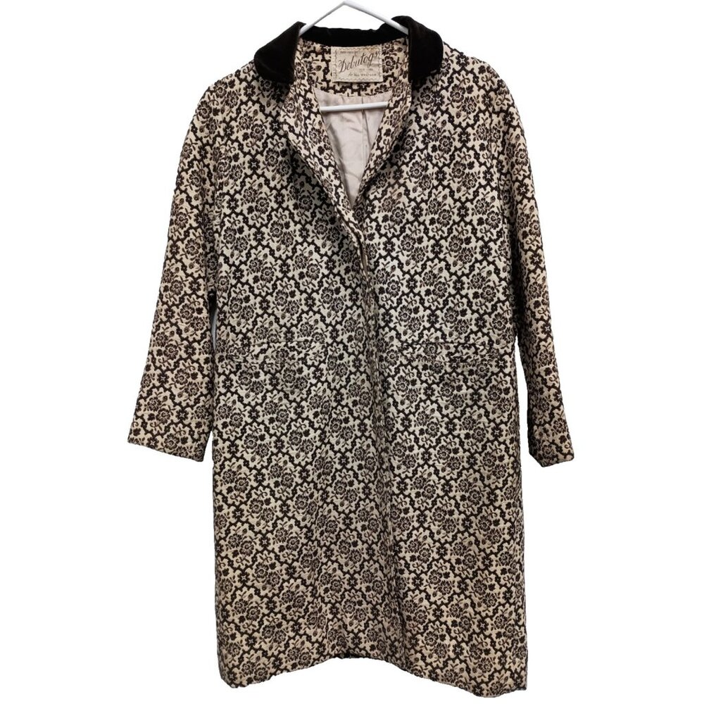 Vintage 60s Debutogs‎ Coat Womens Large Beige Floral Jacquard Cottagecore Office